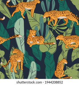 Leopard with spots on fur, cheetah or predator with foliage and leaves of natural habitat. Animal in motion or rest seamless pattern. Wildlife background, flora and fauna. Vector in flat style