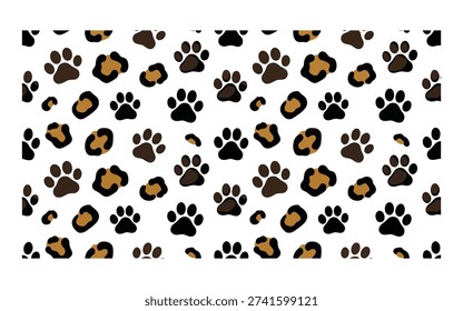 Leopard Spots and Paw Prints Seamless Animal Pattern Vector Isolated on White Background
