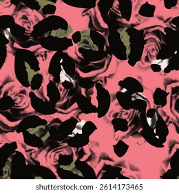 Leopard spots and roses seamless pattern design. Vector pink background, wallpaper, wrapping paper, fabric, print