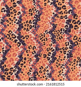 Leopard spots seamless pattern. Abstract geometric background with zigzag chevron ornament overlapped by spotted texture. Fashion animal skin camouflage print. Trendy intricate textile surface swatch.