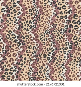 Leopard spots seamless pattern. Abstract geometric background with zigzag chevron ornament overlapped by spotted texture. Fashion animal skin camouflage print. Trendy intricate textile surface swatch.