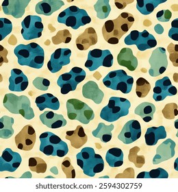 Leopard spots in shades of blue, brown, and green on a cream background, animal skin vector illustration. Watercolor print in rustic vintage style, textile or wallpapers.