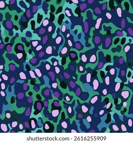 Leopard spots in shades of blue, green, and purple on a navy background, tiny leopard seamless pattern vector illustration, doodle summer, kids and baby designs for print fabric.