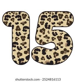 Leopard Spotted Number Fifteen Vector Illustration. Leopard Print Number 15 Isolated On A White Background
