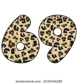 Leopard Spotted Number Sixty Nine Vector Illustration. Leopard Print Number 69 Isolated On A White Background

