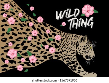 Leopard with spotted skin pattern and flowers flowing through. Vector illustration