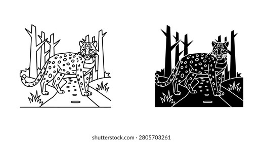 Leopard standing in forest scene vector with leopard print wildlife illustration predator wilderness landscape silhouette environment standing