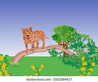 Leopard standing on a big bent to the ground tree. Vector illustration.