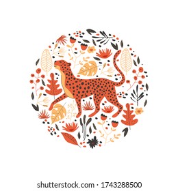 Leopard with Stealthy Tread Walking in Jungle Among Bright Foliage with Palm Leaves and Plants Circle Framed Vector Illustration. Wild Animal with Spotted Skin and Cute Muzzle Pacing in Natural Habita