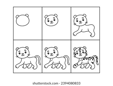 Leopard. Step by step drawing. Coloring page, coloring book page. Black and white vector illustration.