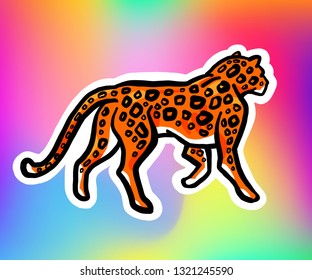 Leopard sticker. Isolated on a rainbow holographic background.