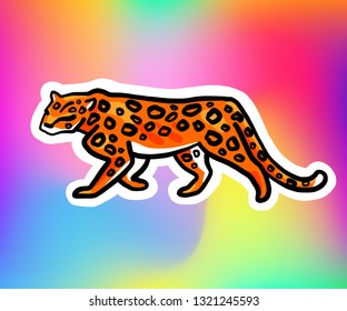 Leopard sticker. Isolated on a rainbow holographic background. Illustration of a wild cat. Cool illustration.