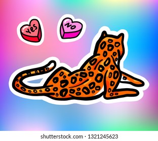 Leopard sticker. Isolated on a rainbow holographic background. Isolated on holographic background.