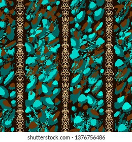 Leopard style vector seamless pattern. Abstract blue, turquoise and brown brushstroke and gold chains on black background for design, textile, wallpaper, wrapping, carton, print, ceramic tile.