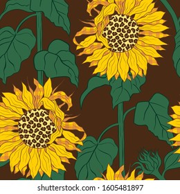 
Leopard sunflowers on the stems. Vector seamless pattern. Floral  background. Farmhouse decor.
