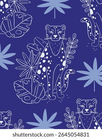 Um leopardo cercado por folhas tropicais em um padrão perfeito com contornos ousados. O design apresenta um tema de selva com elementos de flora e fauna estilizados. Ilustração de vetor de desenhos animados.