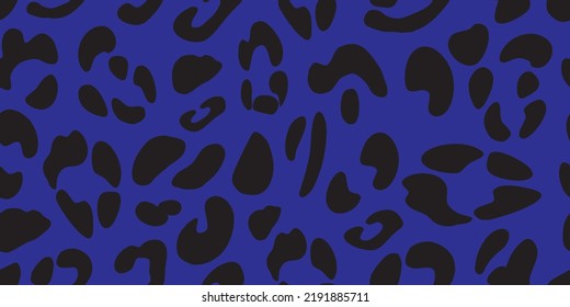 Leopard texture on a blue background. Animalistic seamless pattern. Vector hand-drawn illustration.