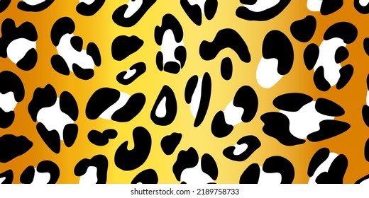 Leopard texture on a golden background. Animalistic seamless pattern. Vector hand-drawn illustration.