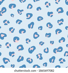 Leopard texture seamless pattern in blue and pink colors. Hand drawn vector illustrations for textile, fabric, wallpaper, paper design.