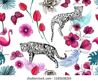 leopard, tiger, flamingo, flowers,butterflies, tropical leaves, seamless vector pattern