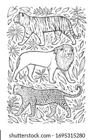 Leopard, tiger and lion vector hand drawn sketch. Wild animals and leaves isolated on white background.