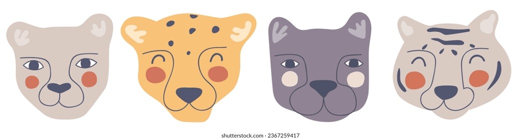 Leopard, tiger, lioness, panther.  Vector illustrations of animal head icons for greeting cards, t shirts, print, stickers, posters design.  