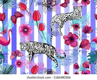 Leopard, tiger, tulips, roses, butterflies, flamingo and palm leaes on blue striped background, seamless vector pattern