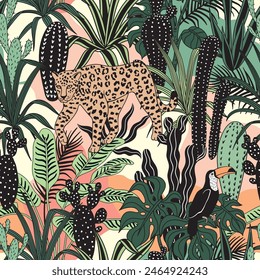 Leopard and toucan in the jungle seamless pattern. Cactus, tropical plant, banana tree graphic wallpaper.	