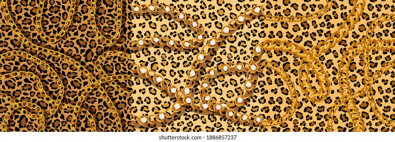 Leopard tracery with gold chains and pearls seamless pattern. Puma yellow spots with black jaguar scheme outlines in cheetah vector color.