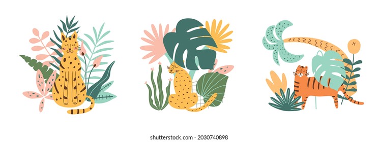 Leopard tropical exotic animals, tiger, leaves. Wild cats set wild animals in jungle, rainforest. Jaguar into jungle concept. Cute wild tiger into tropical leaves graphic element. Vector illustration.