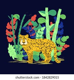 Leopard in a tropical forest among the bamboo thickets on a dark background. Vector illustration on a colored background. Flat design.
