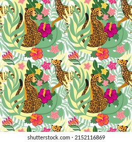 Leopard in tropical forest. Exotic flowers and leaves. Summer print. Seamless pattern.