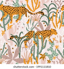 Leopard in Tropical Jungle Seamless Pattern. Vector illustrations of animal, plants, cacti, succulents in a simple cartoon hand-drawn style. Pastel earthy palette