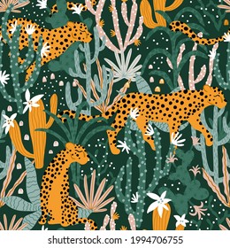 Leopard in Tropical Jungle Seamless Pattern. Vector illustrations of animal, plants, cacti, succulents in a simple cartoon hand-drawn style. Pastel earthy palette