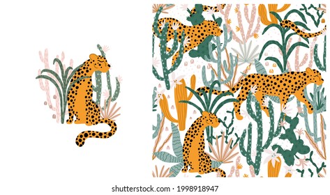 Leopard im tropischen Dschungel Nahtlose Muster. Vektorgrafiken von Tieren, Pflanzen, Kakteen, Sukkulenten in einem einfachen, handgezeichneten Stil. Pastellpalette