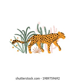 Leopard in the Tropical Jungle. Vector illustration composition of animal, plants, cacti, succulents in simple cartoon hand-drawn style. Pastel earthy palette. Isolate on a white background