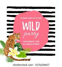 Leopard with tropical leaves, flower plumeria, wild party invitation. Place for text. Vector illustration for flyer, birthday, tropical party, banner, poster.