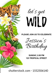 Leopard with tropical leaves, flowers, wild party invitation. Place for text. Vector illustration for flyer, birthday, tropical party, banner.