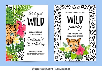 Leopard with tropical leaves, flowers, wild party invitations set. Place for text. Vector illustration for flyer, birthday, tropical party, banner, poster.