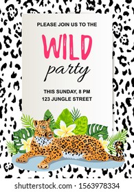 Leopard with tropical leaves, flowers, wild party invitation. Place for text. Vector illustration for flyer, birthday, tropical party, banner, poster.