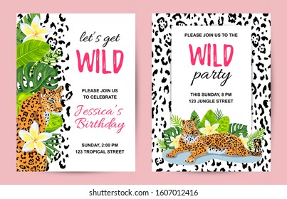Leopard with tropical leaves, flowers, wild party invitations set. Place for text. Vector illustration for flyer, birthday, tropical party, banner, poster.