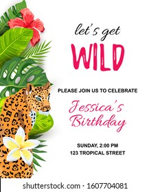 Leopard with tropical leaves, flowers, wild party invitation. Place for text. Vector illustration for flyer, birthday, tropical party, banner, poster.