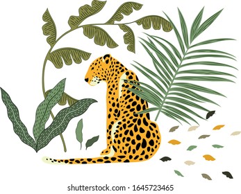 leopard and tropical leaves on a white background.