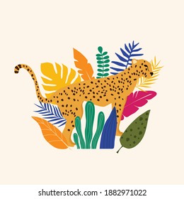 Leopard and tropical leaves poster background vector illustration. Trendy wildlife pattern