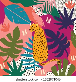 Leopardo y hojas tropicales afiche de ilustración vectorial de fondo. Patrón de vida silvestre de moda