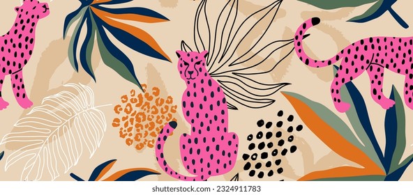 Leopard and tropical leaves seamless pattern.