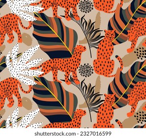 Leopard and tropical leaves seamless pattern.