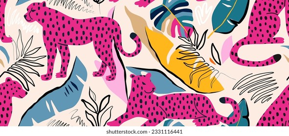 Leopard and tropical leaves seamless pattern.