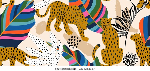 Leopard and tropical leaves seamless pattern.