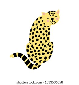 Leopard vector illustration on white background. Jaguar,puma,wild cat is hand drawn in flat,cartoon style. Isolated animal is ready for your design, print,wallpaper. Character is ready for animation. 